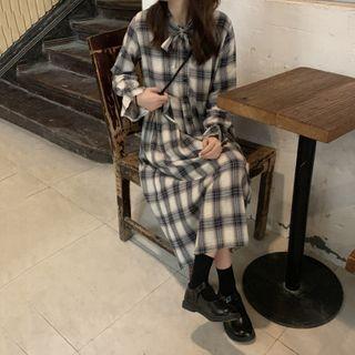 Long-sleeve Tie-neck Plaid Midi A-line Dress Dress - Plaid - Black & White - One Size