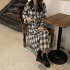 Long-sleeve Tie-neck Plaid Midi A-line Dress Dress - Plaid - Black & White - One Size