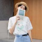 Lace Panel Short-sleeve Flower Print T-shirt White - One Size