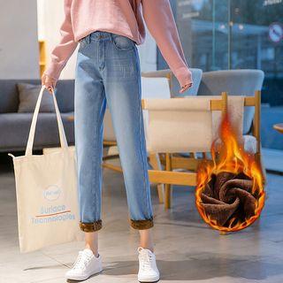 Washed Fleece-lined Straight Cut Jeans