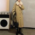 Fluffy Trim Button-up Long Coat Khaki - One Size