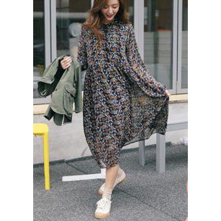 Mandarin-collar Floral Chiffon Midi Shirtdress