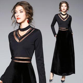 Velvet Panel Long-sleeve A-line Maxi Dress