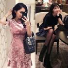 3/4-sleeve Ruffle-hem Velvet Dress