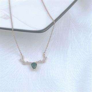 Rhinestone Antler Necklace 1pc - Dx658 - Silver & Green - One Size