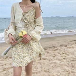 Spaghetti Strap Flower Print Mini A-line Dress / Cropped Light Jacket