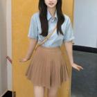 Elbow-sleeve Shirt / Accordion Pleat Mini A-line Skirt