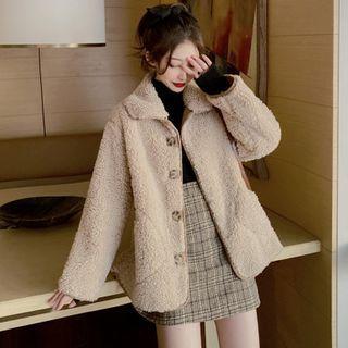 Long Sleeve Plain Top / Fleece Jacket / Plaid Mini A-line Skirt