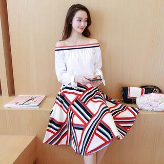 Set: Stripe Off-shoulder Top + Patterned Skirt