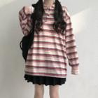 Striped Collared Long-sleeve T-shirt / Mini Pleated Skirt