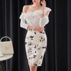 Set: 3/4-sleeve Frill-trim Blouse + Floral Print Pencil Skirt