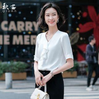 V-neck Plain Ruffle Chiffon Blouse