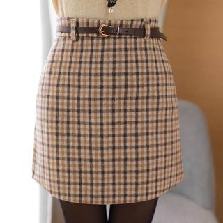 A-line Plaid Miniskirt With Belt