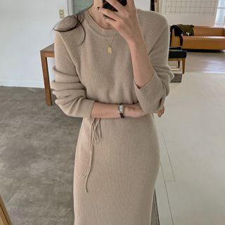 Round-neck Slit-side Ribbed Knit Dress With Sash