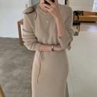 Round-neck Slit-side Ribbed Knit Dress With Sash