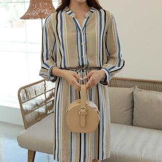 Half-placket Striped Midi Shirtdress