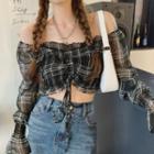 Long-sleeve Off-shoulder Plaid Cropped Top As Figure - One Size