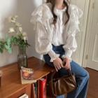 Bell-sleeve Layered Collared Plain Blouse Off-white - One Size