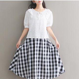 Elbow-sleeve Eyelet Lace Top White - One Size