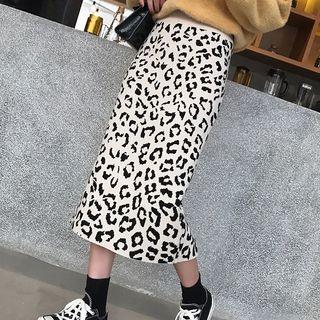 Leopard Print Midi H-line Knit Skirt