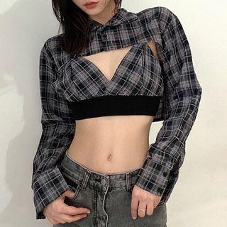 Set: Long-sleeve Plaid Crop Top + Bralette