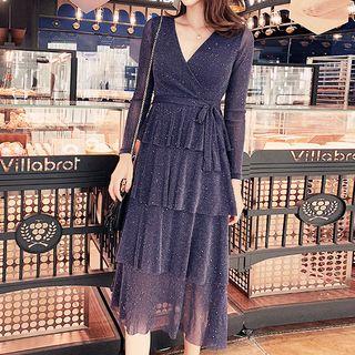 Long-sleeve Sheer Tiered A-line Midi Dress