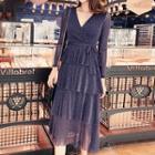 Long-sleeve Sheer Tiered A-line Midi Dress