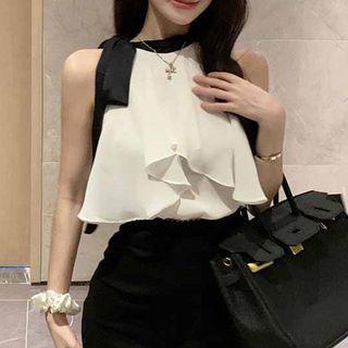 Sleeveless Contrast Trim Blouse / Hot Pants