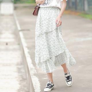Patterned Midi Chiffon Tiered Skirt