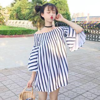 Bell-sleeve Off-shoulder Stripe Tunic