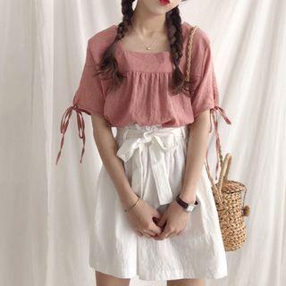 Tie Short Sleeve Blouse / Plain Wide Leg Shorts