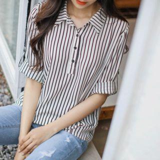 Half-placket Tab-sleeve Striped Blouse