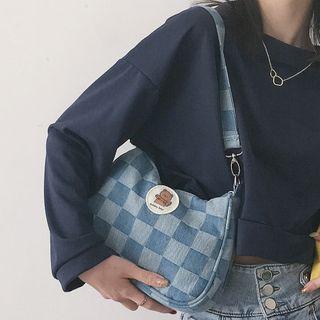 Checker Paneled Denim Shoulder Bag Denim Blue - One Size