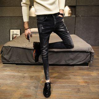 Letter Embroidered Distressed Cropped Skinny Jeans