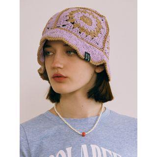 Flower-pattern Crochet Bucket Hat Lavender - One Size