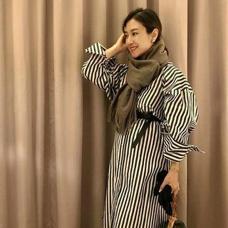 Wide-cuff Stripe Long Shirtdress