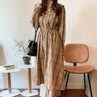 Plaid Collared A-line Midi Dress