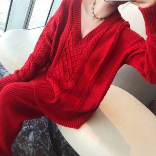 Set: V-neck Plain Sweater + Wide-leg Pants