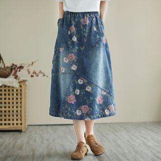 Floral Print Denim A-line Skirt