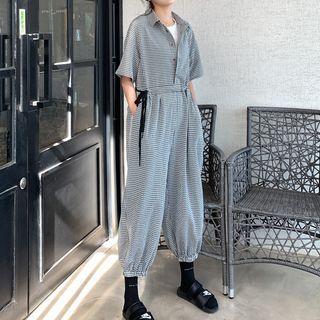 Checked Drawstring Harem Jumpsuit