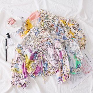 Map-print Drawstring Crop Top