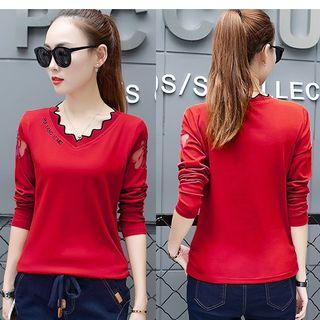 Mesh Insert V-neck Long-sleeve T-shirt
