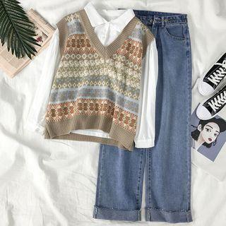 Printed Knit Vest / Plain Shirt / Straight-fit Jeans