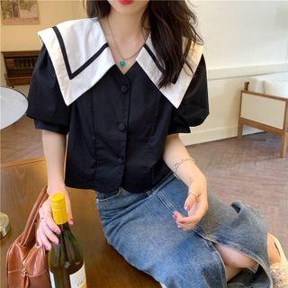 Short-sleeve Sailor Collar Blouse Black - One Size