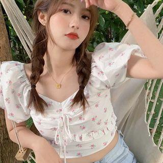 Floral Puff-sleeve Cropped Blouse Floral - One Size