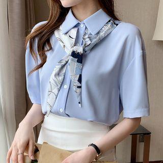 Short-sleeve Print Scarf Shirt