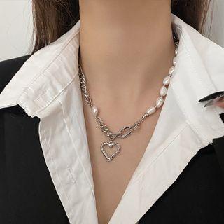 Heart Pendant Freshwater Pearl Alloy Choker Necklace - Panel - Freshwater Pearl - Love Heart - Silver - One Size