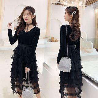 Long-sleeve V-neck Midi Lace Dress