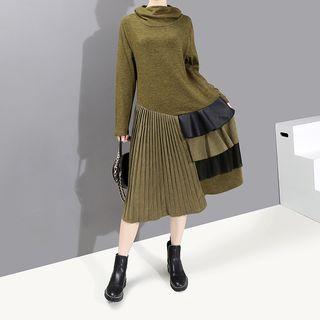 Mock Neck Midi Pleated Sweater Dress