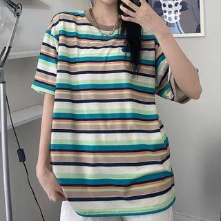 Short-sleeve Striped T-shirt Stripes - Pink & Blue - One Size